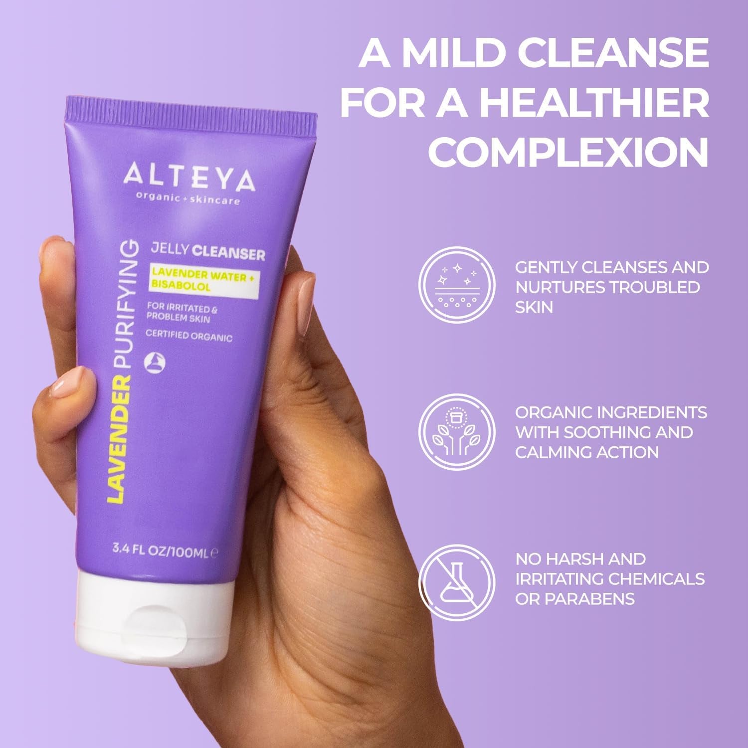 Alteya Organic Lavender Purifying Jelly Cleanser - Lavender Water and Bisabolol - Natrue Certified Organic - 100Ml