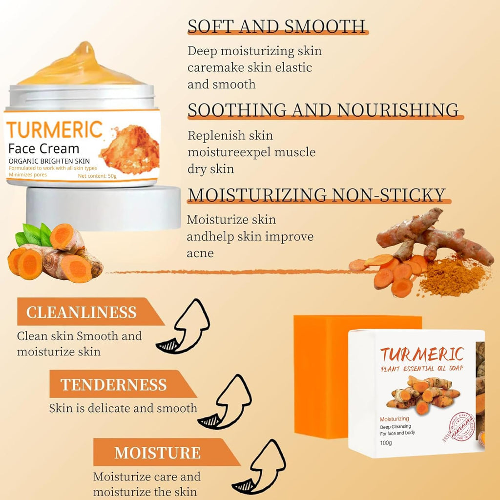 2Pcs Turmeric Face Cream and Turmeric Soap Bar Set for Face & Body, Turmeric Skin Care Set, Turmeric Soap and Turmeric Cream Skincare Set for Anti-Aging Glowing Skin, Soothing, Hydrating Skin