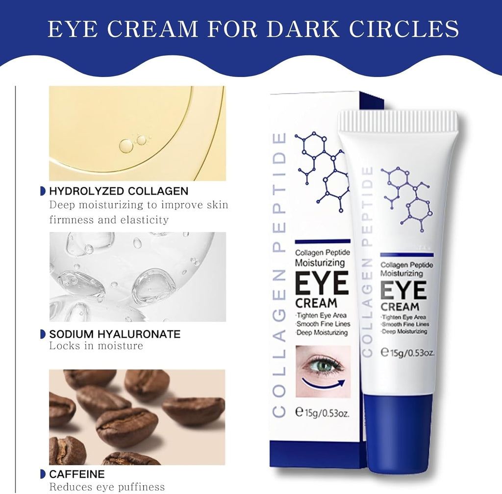 Collagen Peptides Eye Cream, Moisturizing Collagen Eye Cream, anti Wrinkle Eye Serum Moisturizer with Hydrolyzed Collag-En, to Reduce Puffiness, Dark Circle, Crows Feet and Eye Bag, All Skin Types