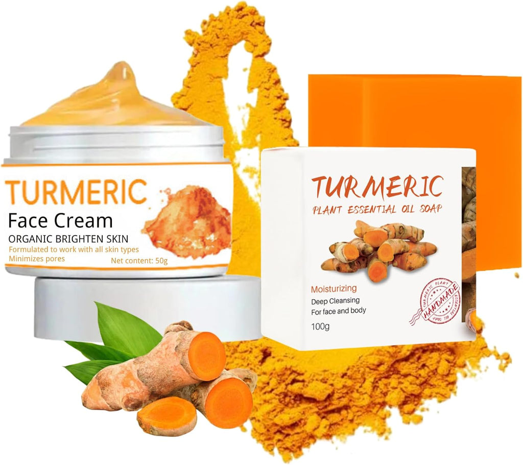 2Pcs Turmeric Face Cream and Turmeric Soap Bar Set for Face & Body, Turmeric Skin Care Set, Turmeric Soap and Turmeric Cream Skincare Set for Anti-Aging Glowing Skin, Soothing, Hydrating Skin