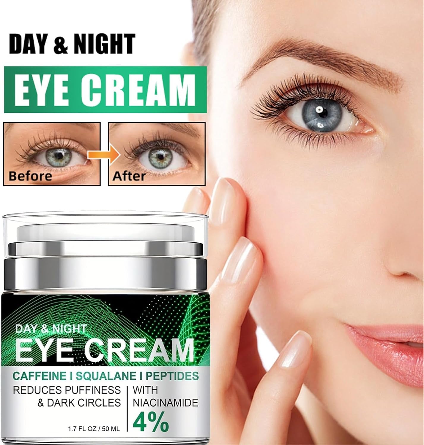 Press Type Caffeine Eye Cream with Squalane and Peptides,For Puffiness and Bags under Eyes,Day and Night Peptide Anti-Wrinkle Eye Cream,Reduce Fine Lines around the Eyes 1.7 FL OZ