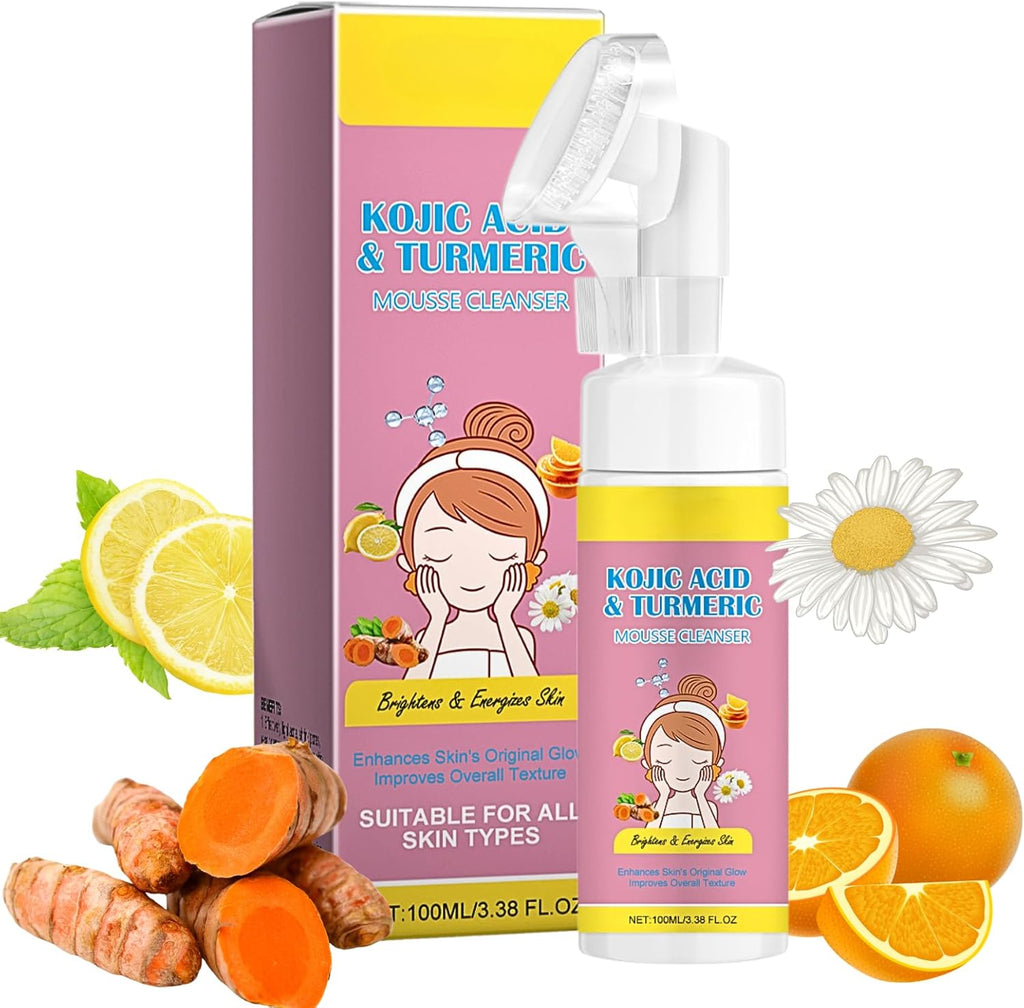 Foaming Face Cleanser with Kojic Acid, Turmeric Facial Cleanser, Turmeric Kojic Cleanser, Clean and Clear Face Wash with Brush, Balance Skin Oil Cleanser, Lighten Blemishes, Brightening