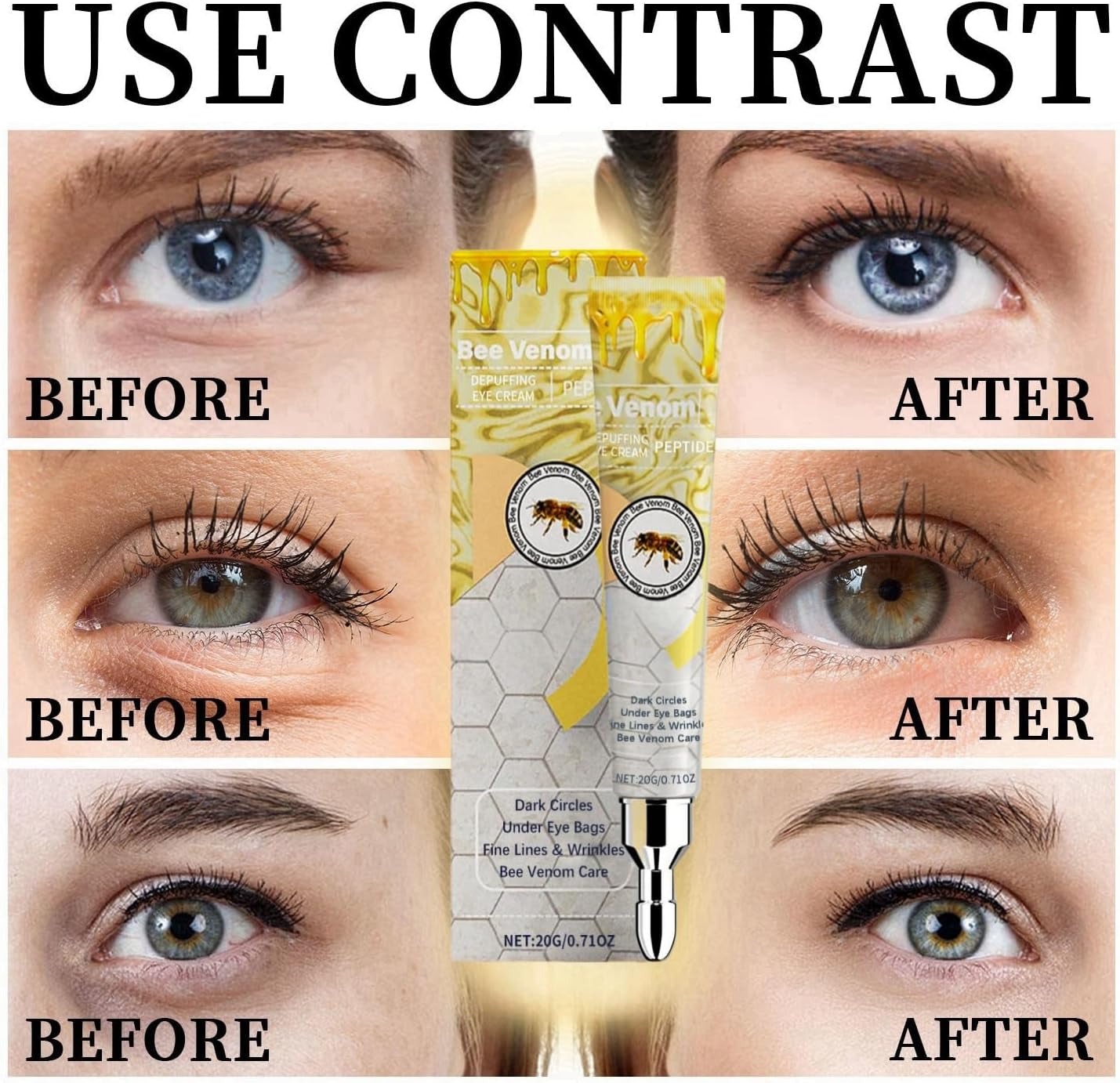 Bee Venom Eye Cream,Eye Cream for Dark Circles and Puffy Eyes,Eye Bags Remover,Anti Wrinkle Eye Cream,Caffeine Eye Cream anti Aging,Moisturizing under Eye Cream,Firming Eye Cream,Eye Bag Removal,20G